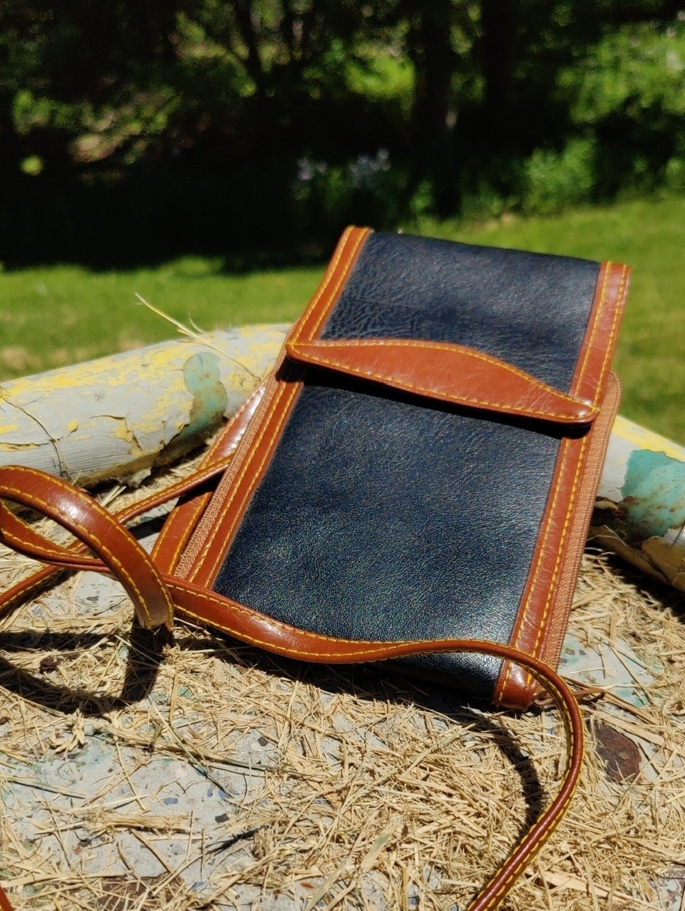 Leather Crossbody Phone Pouch - Navy and Brown